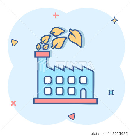 Factory ecology icon in comic style. Eco plant cartoon vector illustration on white isolated background. Nature industry splash effect business concept. 112055925