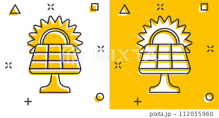 Solar panel icon in comic style. Ecology energy cartoon vector illustration on white isolated background. Electrician splash effect sign business concept. Solar panel icon in comic style. Ecology energy cartoon vector illustration on white isolated background. Electrician splash effect sign business concept. 112055960