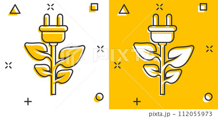 Eco power icon in comic style. Green energy cartoon vector illustration on white isolated background. Nature cable splash effect business concept. Eco power icon in comic style. Green energy cartoon vector illustration on white isolated background. Nature cable splash effect business concept. 112055973