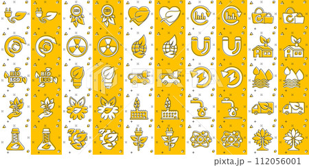 Eco environment icons set in comic style. Ecology cartoon vector illustration on white isolated background. Bio emblem splash effect sign business concept. 112056001