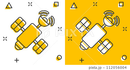 Satellite icon in comic style. Sputnik cartoon vector illustration on white isolated background. Space transport splash effect sign business concept. Satellite icon in comic style. Sputnik cartoon vector illustration on white isolated background. Space transport splash effect sign business concept. 112056004