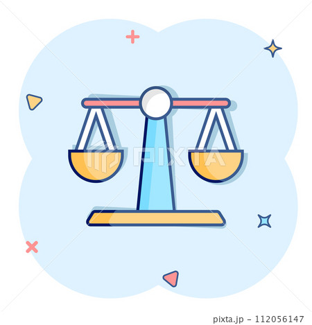 Scale balance icon in comic style. Justice cartoon vector illustration on white isolated background. Judgment splash effect business concept. 112056147
