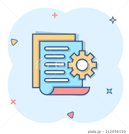 Document with gear icon in comic style. Big data processing cartoon vector illustration on white isolated background. Paper sheet software solution splash effect business concept. 112056150