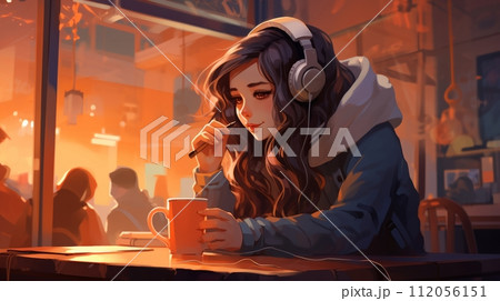 illustration for lofi social media channel , girl drink  coffee 112056151
