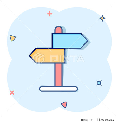 Crossroad signpost icon in comic style. Road direction cartoon vector illustration on white isolated background. Roadsign splash effect business concept. Crossroad signpost icon in comic style. Road direction cartoon vector illustration on white isolated background. Roadsign splash effect business concept. 112056333