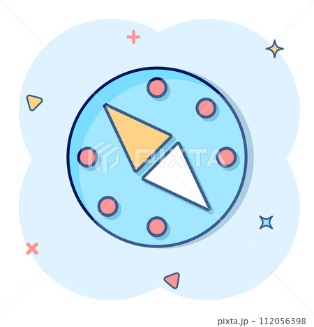 Compass icon in comic style. Navigation equipment cartoon vector illustration on white isolated background. Journey direction splash effect business concept. 112056398