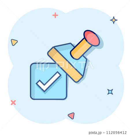 Approve stamp icon in comic style. Accept check mark cartoon vector illustration on white isolated background. Approval choice splash effect business concept. 112056412