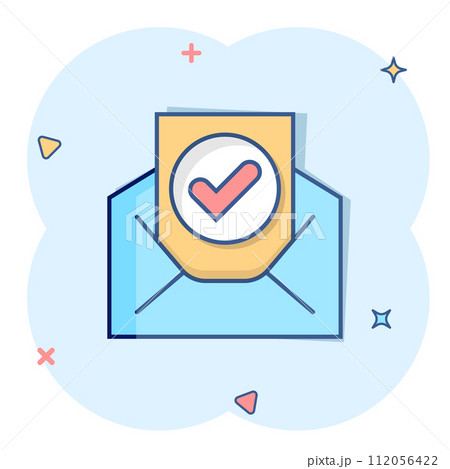 Envelope with confirmed document icon in comic style. Verify cartoon vector illustration on white isolated background. Receive splash effect business concept. Envelope with confirmed document icon in comic style. Verify cartoon vector illustration on white isolated background. Receive splash effect business concept. 112056422