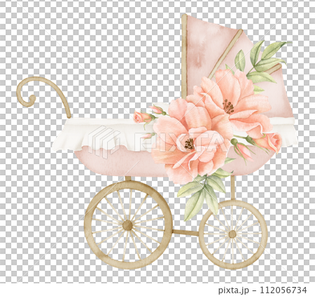 Watercolor Baby Pram with rose flowers in vintage style. Retro kid Stroller in cute pastel pink and beige colors. Cute carriage for children. Hand drawn illustration of perambulator for newborn party. Watercolor Baby Pram with rose flowers in vintage style. Retro kid Stroller in cute pastel pink and beige colors. Cute carriage for children. Hand drawn illustration of perambulator for newborn party. 112056734