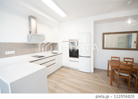 modern kitchen in a home equipped with appliances and decoration modern kitchen in a home equipped with appliances and decoration 112056820