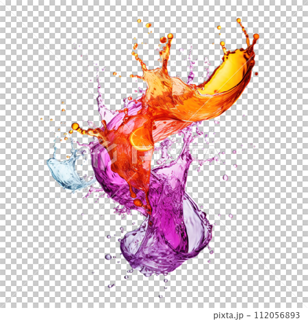 Dynamic craft soda splash isolated on a transparent background, capturing the vibrant fizz and colorful refreshment of artisanal beverages 112056893