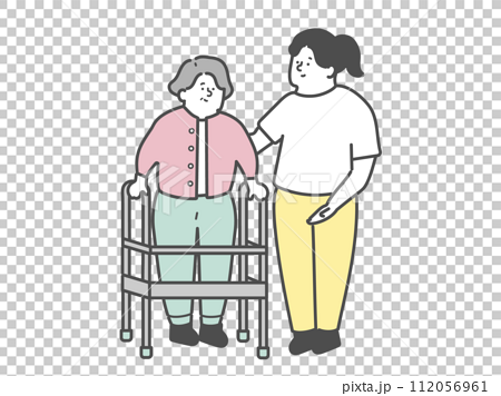 歩行器を使用する高齢女性と女性介護士 112056961