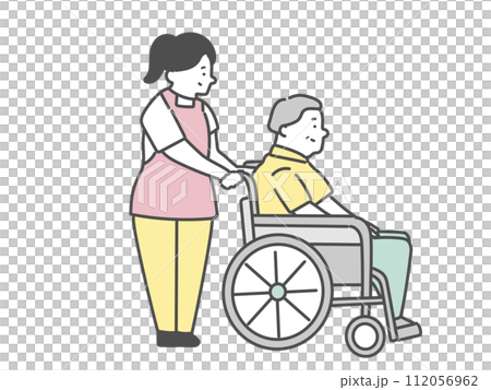 A female caregiver and an elderly man in a wheelchair 112056962