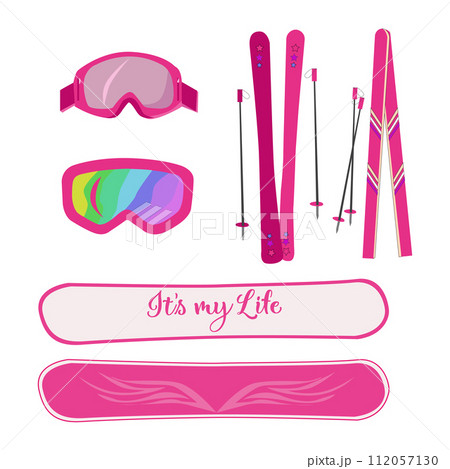 sports, snowboarding, glasses, skiing. snowy slope, fast descent. pink snowboard, pink skis, pink glasses, winter, snow, skiing, freedom, nature, mountains, slope. can be used for postcards, posters a 112057130