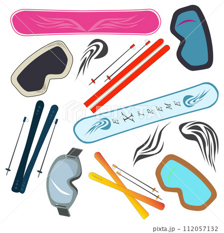 sports kit, snowboard, goggles, skis. snow-covered slope, fast descent, winter, snow, skiing, freedom, nature, mountains, slope sports kit, snowboard, goggles, skis. snow-covered slope, fast descent, winter, snow, skiing, freedom, nature, mountains, slope 112057132