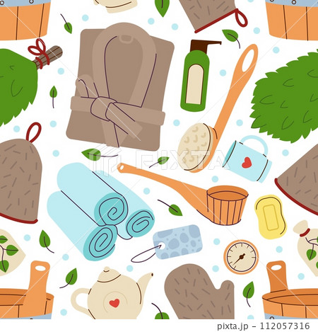 Sauna seamless pattern. Finnish bathhouse tools, cartoon spa wellness equipment. Cozy elements fabric print design, decent vector background Sauna seamless pattern. Finnish bathhouse tools, cartoon spa wellness equipment. Cozy elements fabric print design, decent vector background 112057316