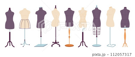 Tailor mannequins. Isolated unisex, female and male dummies. Equipment for fashion design and home needlework. Various body on stands, decent vector set 112057317