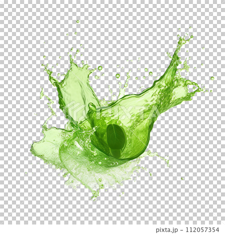 Energizing green juice splash isolated on a transparent background, highlighting the healthful blend of spinach, kale, and celery for a wellness boost 112057354