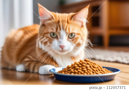 Cat Eating from Bowl. Ginger Cat Eats Food, Licking Tongue. Feline Feeding at Home Floor Background. Tabby Cat Eating Dry Pet Meal, Looking up, Down. Front View. Pet Food Banner. Domestic Animals Food Cat Eating from Bowl. Ginger Cat Eats Food, Licking Tongue. Feline Feeding at Home Floor Background. Tabby Cat Eating Dry Pet Meal, Looking up, Down. Front View. Pet Food Banner. Domestic Animals Food 112057371
