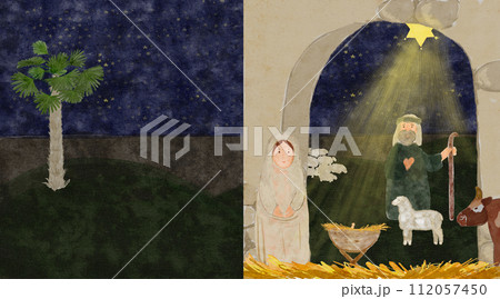 Hand painted watercolor card with manger, Mary, barn, shepherd, animals 112057450