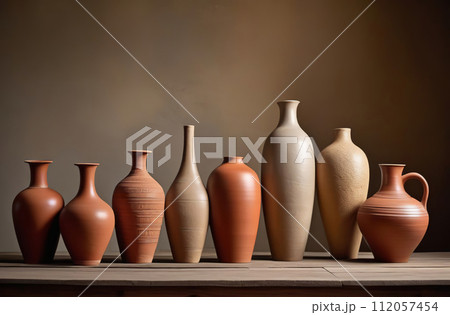 Wooden old table adorned with a row of beautifully crafted clay vases with copy space. Different antique vessels. Old traditional pottery ceramics. Craft art object pots on hardwood board front view 112057454