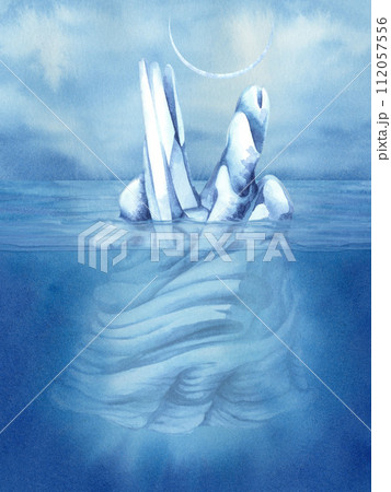 Watercolor blue iceberg and seascape for template, clipart for winter holidays, New Year, Earth Day, Marine and Ocean life, for scrapbook, stickers, cards, borders, frames Watercolor blue iceberg and seascape for template, clipart for winter holidays, New Year, Earth Day, Marine and Ocean life, for scrapbook, stickers, cards, borders, frames 112057556