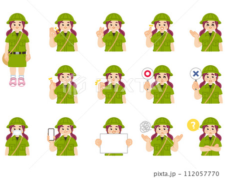 探検隊の女の子　表情とジェスチャーのイラスト素材セット 112057770