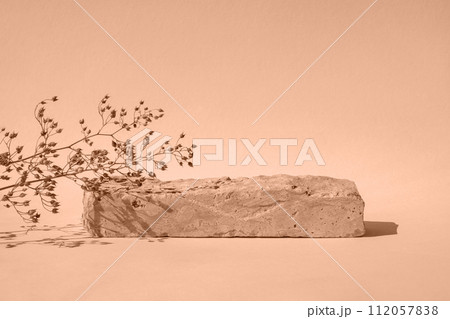 Podium with dry grass for product promotion and cosmetics display. Natural beige beauty pedestal. Background for product presentation. Cream stone podiums with shadow of leaf. Beauty product mockup. 112057838