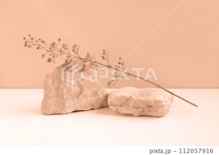 Stone Podium for promotion on beige Background. Natural rock pedestal. Two stone podiums. Beauty product mockup. Scene to show products. Showcase, display case. Front View, soft shadow. Stone Podium for promotion on beige Background. Natural rock pedestal. Two stone podiums. Beauty product mockup. Scene to show products. Showcase, display case. Front View, soft shadow. 112057916