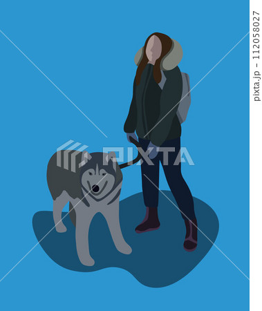 Vector isolated illustration of a girl walking a dog in winter. 112058027