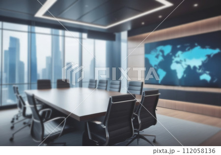 Defocused abstract Conference Room with big desk table, presentation TV, Infographics, Statistics, Graphs. E-Commerce Startup. Blurred empty modern city office. Business open space interior. Finance 112058136