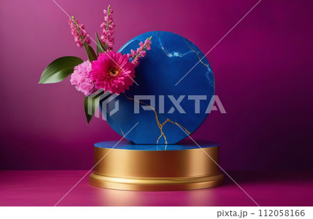 Empty round blue podium. Fresh yellow, pink color flowers around. Abstract geometrical form. Cylinder marble sphere, shadow. Magenta gold background. Trendy showcase, display case. Place for showing 112058166
