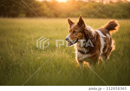 Playful dog puppy running in the field 112058365