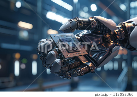 Futuristic Android robot holding advanced processor chip, a concept of big data and AI 112058366