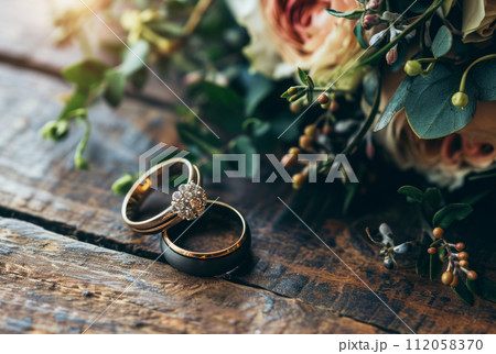 Diamond wedding rings jewelry and flowers bouquet for the wedding engagement and honeymoon Diamond wedding rings jewelry and flowers bouquet for the wedding engagement and honeymoon 112058370