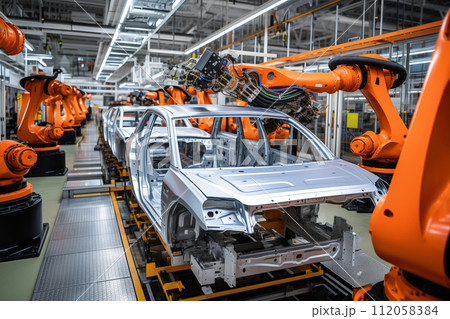 Car factory conveyor belt assemblance line production with robots and artificial intelligence Car factory conveyor belt assemblance line production with robots and artificial intelligence 112058384