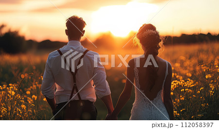 Affectionate romantic couple hugging at sunset during honeymoon in wedding dress 112058397