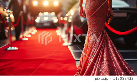 Celebrity woman in long fashionable luxury gown walking on a red carpet to celebrity gala event Celebrity woman in long fashionable luxury gown walking on a red carpet to celebrity gala event 112058432