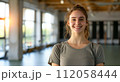 Yoga instructor in class for flexible yoga poses and mindful spiritual meditation relaxation 112058444
