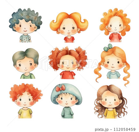 Watercolor collection of cartoon children's portraits with various hairstyles, isolated on white background. 112058459