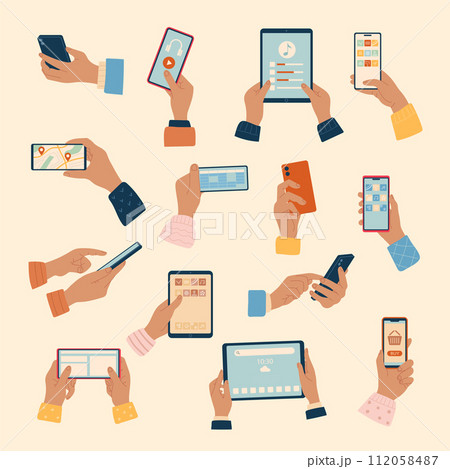Phones in hands. People holding different gadgets tablet mobile devices smartphones recent vector illustrations in flat style Phones in hands. People holding different gadgets tablet mobile devices smartphones recent vector illustrations in flat style 112058487
