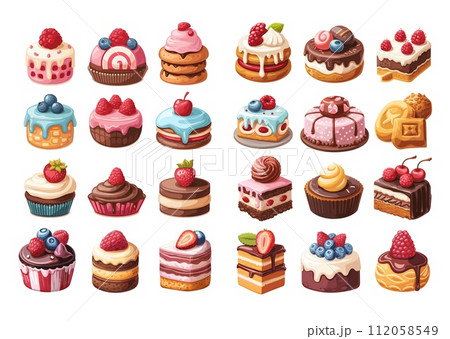 AI-generated content. Desserts in cartoon style, bright large set. Trendy colors, eclairs, macaroons, tiramisus, cupcakes, tarts, panna cotta, candy cakes, mousses, millie, brownies, cheesecake 112058549