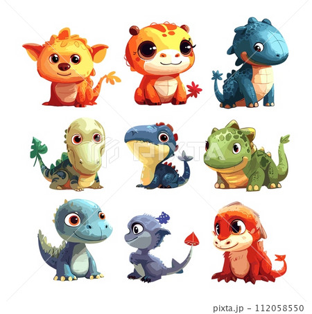 AI-generated content. Cute dinosaurs bundle hand drawn style. Sweet baby dinos. Cartoon vector design for kids. Hand drawn childrens illustration for posters, books, shirt, isolated on white 112058550