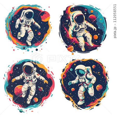 AI-generated content. Cosmonaut in open space, trendy stylish art. Design of astronaut in outer cosmos with elements of planets, stars, spacesuit, in stylish graphic circle, vector illustration 112058551