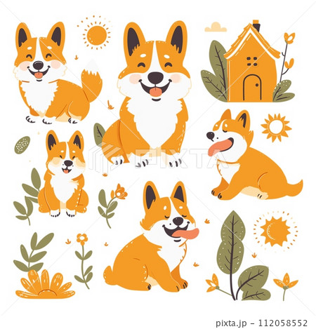 AI-generated content. Corgi dog phoenician art stickers set. Naive charm in captivating visual storytelling style. Light orange and white hues, doodles and lines details, vector illustration isolated AI-generated content. Corgi dog phoenician art stickers set. Naive charm in captivating visual storytelling style. Light orange and white hues, doodles and lines details, vector illustration isolated 112058552