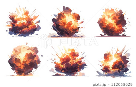AI-generated content. Blast and dynamite explosion cartoon pack. Smoke boom clouds in anime style for game design, illustrations. Dangerous explosive detonation comics, atomic scenes for animation 112058629