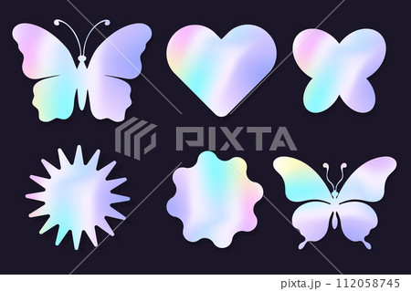 Holographic y2k future metal butterfly badge, stamp, trendy colored sticker set heart and abstract shapes. Silver foil tag collection 112058745