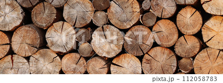Banner woodpile pattern or texture. Round cuts of wood. Banner woodpile pattern or texture. Round cuts of wood. 112058783