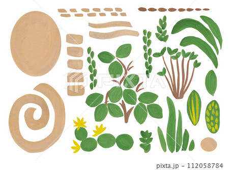 Abstract figures and plants in gouache. Clip art of green plants and gold brush strokes for your design Abstract figures and plants in gouache. Clip art of green plants and gold brush strokes for your design 112058784