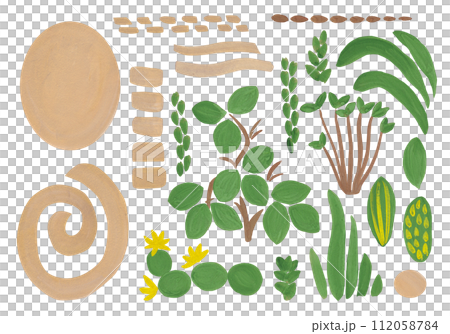 Abstract figures and plants in gouache. Clip art of green plants and gold brush strokes for your design Abstract figures and plants in gouache. Clip art of green plants and gold brush strokes for your design 112058784